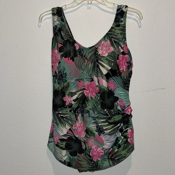 Swimsuits For All Sarong Front One Piece Swimsuit Green/Pink Hibiscus Floral - Picture 3 of 12